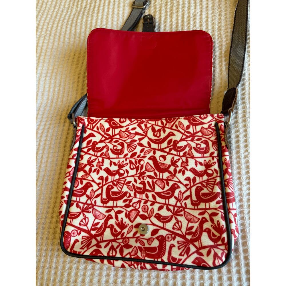 Nicky James Boho Bird & Pear Print Red & White Cross Body Bag Laminated Canvas - Picture 9 of 12